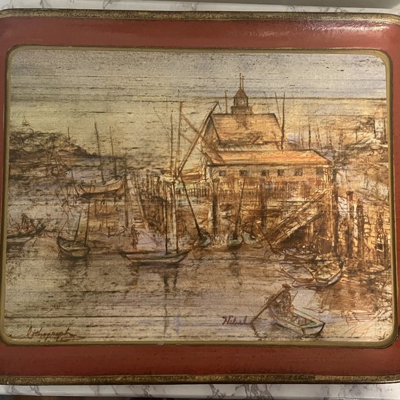 Vtg Italian Florentine Chippy Tray with Edna Hibel Decoupage Seascape - Picture 3 of 12